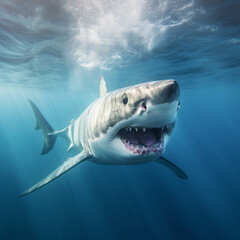A majestic great white shark gracefully gliding through the deep blue ocean