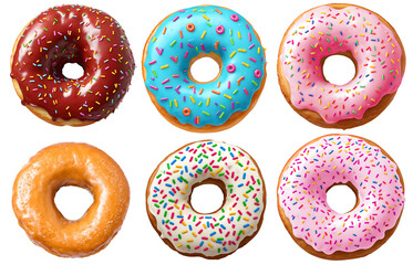 collection of donuts, isolated on transparent background cutout - png - different flavors mockup for design - image compositing footage - alpha channel