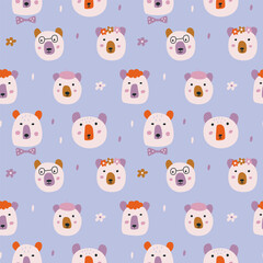 Seamless pattern with cute little bears on blue background. Modern design for fabric and paper, surface textures.