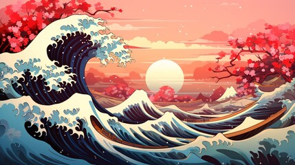 The great wave off kanagawa painting reproduction illustration. Old Japanese artwork with big wave and mountain Fuji on the background