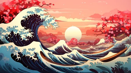 Papier Peint photo Lavable Montagnes The great wave off kanagawa painting reproduction illustration. Old Japanese artwork with big wave and mountain Fuji on the background