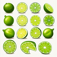 Painted fruit set , painted assortment of lime, several corners and the upper side view cut into strips or in half isolated on a transparent background cutout 