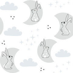 Vector children's bright seamless pattern with rabbits, stars and clouds on a white background. Ideal for baby prints, textiles, nursery design, wrapping paper, scrapbooking.