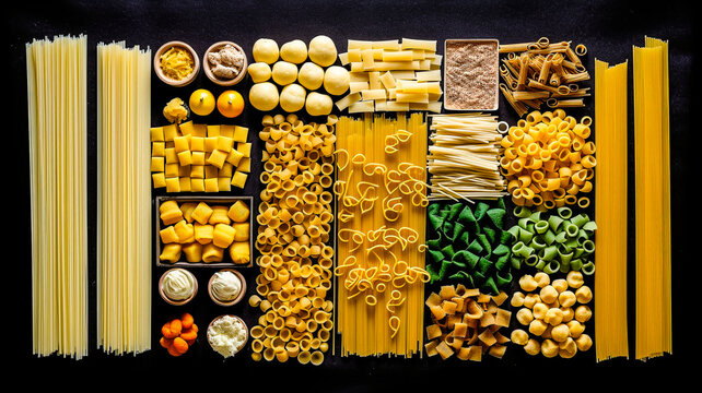 Assortiments de pates crus dispos&eacute;es &agrave; plat et vue de dessus - Knolling - G&eacute;n&eacute;rative IA