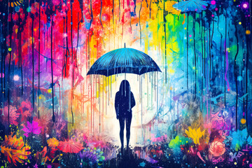 Personne tenant un parapluie sous une pluie colorée et un arc en ciel de couleurs - Générative ia