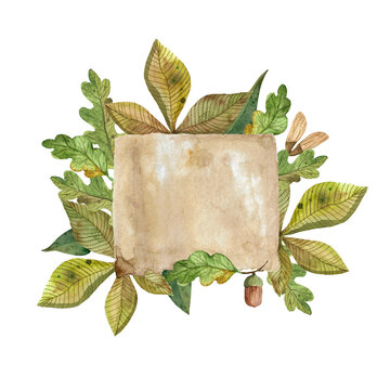 Watercolor rectangular frame with hand-drawn multicolored leaves and floral elements in fall colors. Happy fall, Happy Thanksgiving day. Illustration with a place for text. Autumn seasonal poster