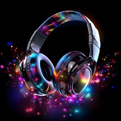 Fototapeta na wymiar Colorful pair of headphones isolated on black background created with Generative AI technology 