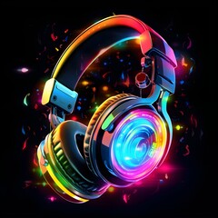 Colorful pair of headphones isolated on black background created with Generative AI technology  