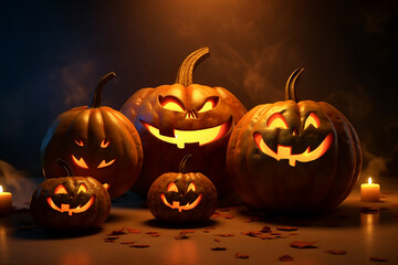 3D Render Illustration of Scary Sighted Pumpkins in Autumn Season - Created with generative AI tools