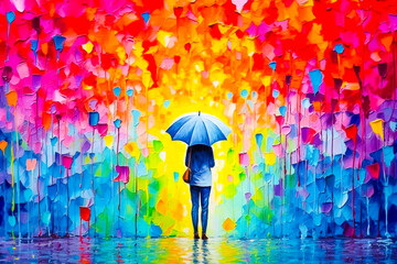 Personne tenant un parapluie sous une pluie colorée et un arc en ciel de couleurs - Concept de bonheur après les difficultés - Générative ia