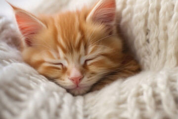 Cute Little Red Kitten Sleeping on Fur White Blanket - Created with generative AI tools