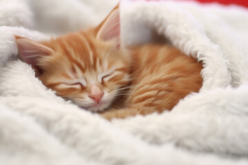 Cute Little Red Kitten Sleeping on Fur White Blanket - Created with generative AI tools