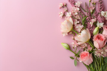 Naklejka premium Delicate Floral Background with Pink Ranunculus and Lily of the Valley - Created with generative AI tools