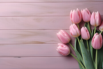 Obraz na płótnie Canvas Elegant Pink Tulips Over Light Pink Wooden Table - Created with generative AI tools