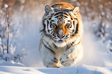 Fototapeta na wymiar Majestic Siberian Tiger Running in Snow - Created with generative AI tools