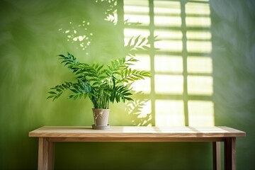 Natural Wood Table with Green Wall Background and Sunlight Window - Created with Generative AI Tools