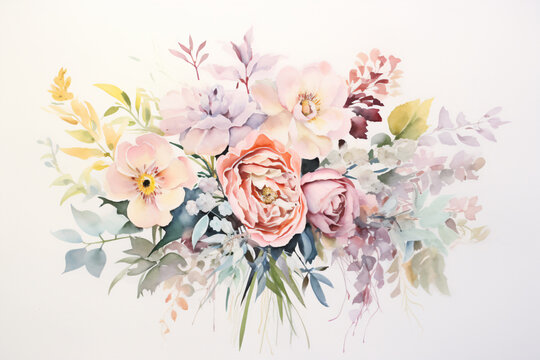 Floral pastel watercolor style wedding bouquet. Isolated and editable. Soft Colors. Flowers and leaves.