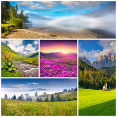Spring collage. Set of beautiful spring landscapes arranged in a square. Wonderful outdoor scene of mountains, countryside abd blooming valleys. Beauty of nature concept background.