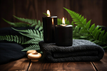 Relaxing Spa Concept with Towel on Fern, Candles, and Black Hot Stone on Wooden Background - Created with Generative AI Tools