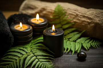 Obraz na płótnie Canvas Relaxing Spa Concept with Towel on Fern, Candles, and Black Hot Stone on Wooden Background - Created with Generative AI Tools