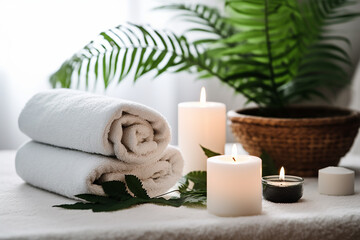 Obraz na płótnie Canvas Relaxing Spa Setting with Towel, Fern, Candles, and White Hot Stone - Created with Generative AI Tools