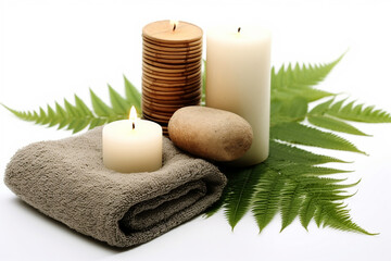 Obraz na płótnie Canvas Relaxing Spa Setting with Towel, Fern, Candles, and White Hot Stone - Created with Generative AI Tools