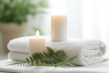 Fototapeta na wymiar Relaxing Spa Setting with Towel, Fern, Candles, and White Hot Stone - Created with Generative AI Tools