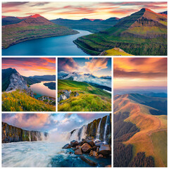 Summer collage. Set of beautiful summer landscapes arranged in a square. Wonderful outdoor scene of great mountains, green meadows and amazing seascape.