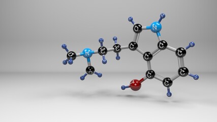 Psilocin molecule. Molecular structure of psilocine, psychoactive substance extracted from psychedelic Psilocybe mushroom.