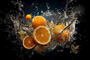 Fototapeta na wymiar Orange slices underwater with splashing water on black background created with Generative AI technology 