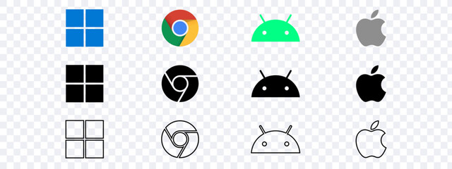 Set of modern famous logos of OS, Windows, MacOS, IOS, Android, ChromeOS, vector illustration on transparent background eps10 - obrazy, fototapety, plakaty