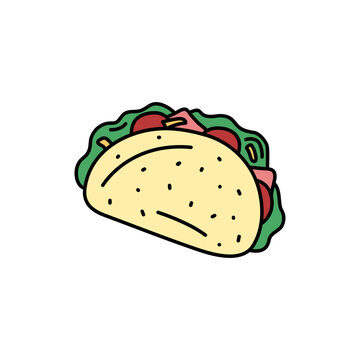 Taco vector doodle element isolated. Hand drawn outline illustration of traditional mexican food with tortilla, meat, salad. Hand drawn cute colorful doodles