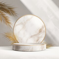 Fototapeta na wymiar marble podium with gold leaf product presentation background, mock up for montage and products display