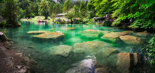 Foto op Plexiglas Blausee - one of the most beautiful lake in Europe, located in Switzerland, canton Berne. famous with emerald clear and trasparent waters , surrounded by Alps mountains . Popular tourist destination © Freesurf