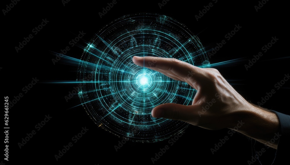 Poster businessman gesture protecting virtual blue dartboard with arrow ,business achievement objective tar