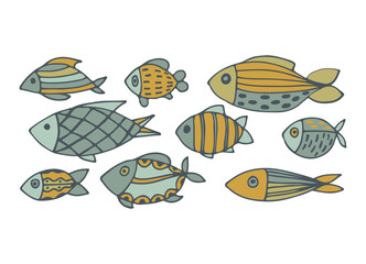 set of cute little colored fish for design items for children isolated on a white background. Beautiful fish for banners, wallpapers, textiles, books, cards, toys for children. flat design. vector