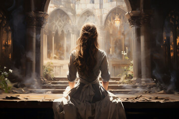 Serene girl immersed in prayer inside a welcoming church