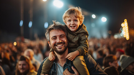 Father with His Son on His Back at Concert