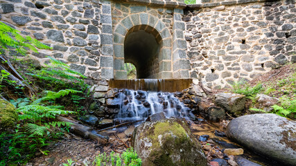 Stream that descends from the mountain and crosses a tunnel built in a stone wall, Guadarrama,...
