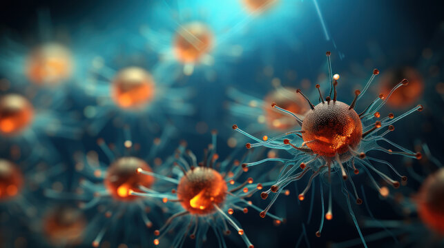 Luminous Menace: Close-Up of a Glowing Virus. Generative AI