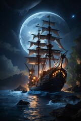 Fototapeta premium Ship In The Night With Moonlit Pirate Voyage Wallpaper