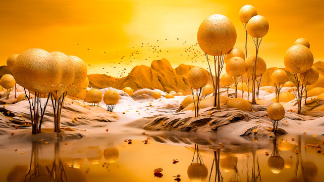 Paysage fantastique dans les tons d'or et dor&eacute; - G&eacute;n&eacute;rative IA