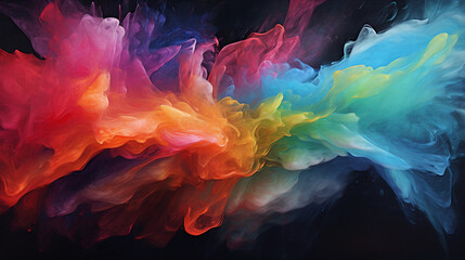 a swirling nebula of bright, neon colors in an abstract painting, vivid against a stark black background, as if painted with oil on canvas, hyper - realistic details, under studio lighting