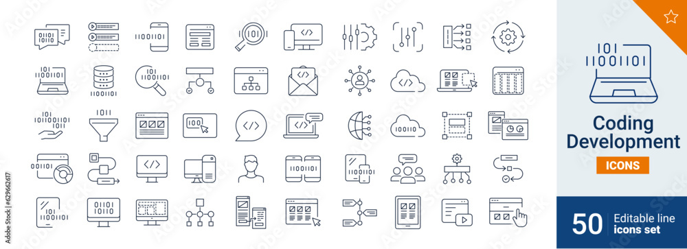 Poster coding icons pixel perfect. web, programmer, integrator , ....