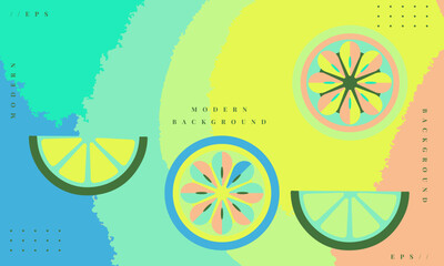 Abstract minimal summer horizontal poster, cover, card with yellow lemon, green lime, pink fruit, juice, blue sea waves, beach sand and modern typography. Сolorful background for cover, poster, banner