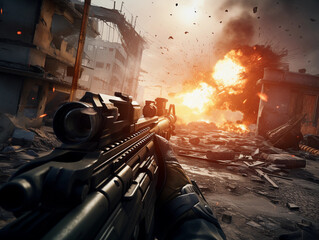 Action packed scene from a first - person shooter game, player's perspective, hyper - realistic, high detail weapon in foreground, enemy in crosshairs, battlefield environment, smoke, debris, dramatic