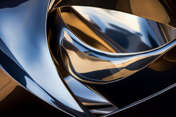 a modern abstract sculpture, irregular metallic surfaces gleaming under the harsh, contrasty noon light