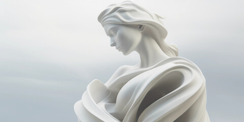 an abstract marble statue, smooth curvilinear forms in gleaming white, under the soft, diffused light of an overcast sky
