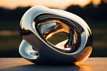 a modern abstract sculpture, irregular metallic surfaces gleaming under the harsh, contrasty noon light