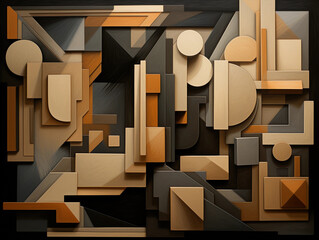 a cubist painting, a complex montage of geometric shapes in muted earth tones, lit by soft gallery lighting